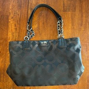 Coach Black Signature Nylon Mia Opaque Chain Strap Tote With Red Statin Interior